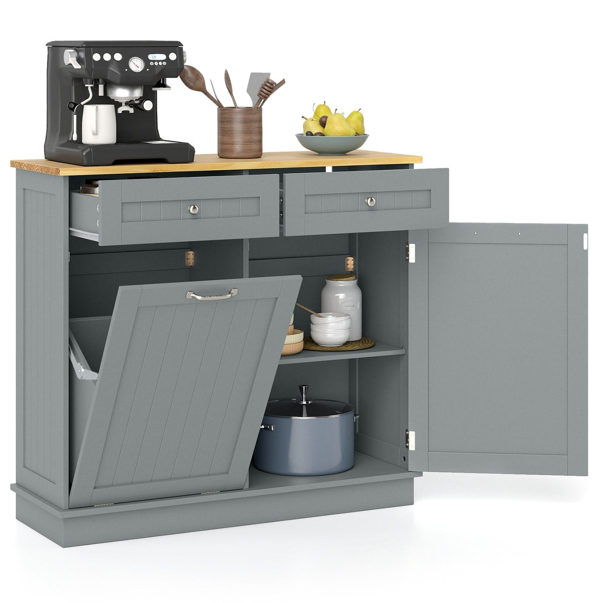 Meuble de cuisine à poubelle en bois d'hévéa avec porte-poubelle unique et étagère réglable - Gris