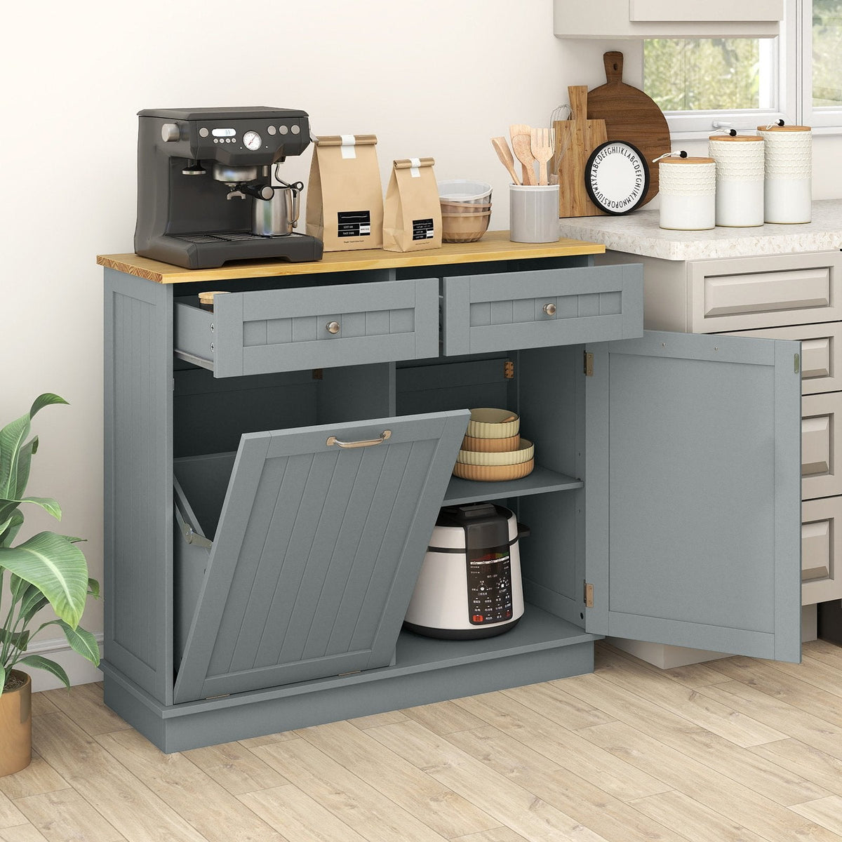 Meuble de cuisine à poubelle en bois d'hévéa avec porte-poubelle unique et étagère réglable - Gris