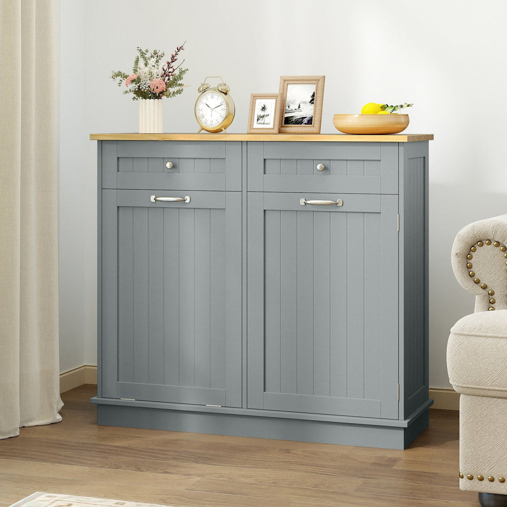 Meuble de cuisine à poubelle en bois d'hévéa avec porte-poubelle unique et étagère réglable - Gris