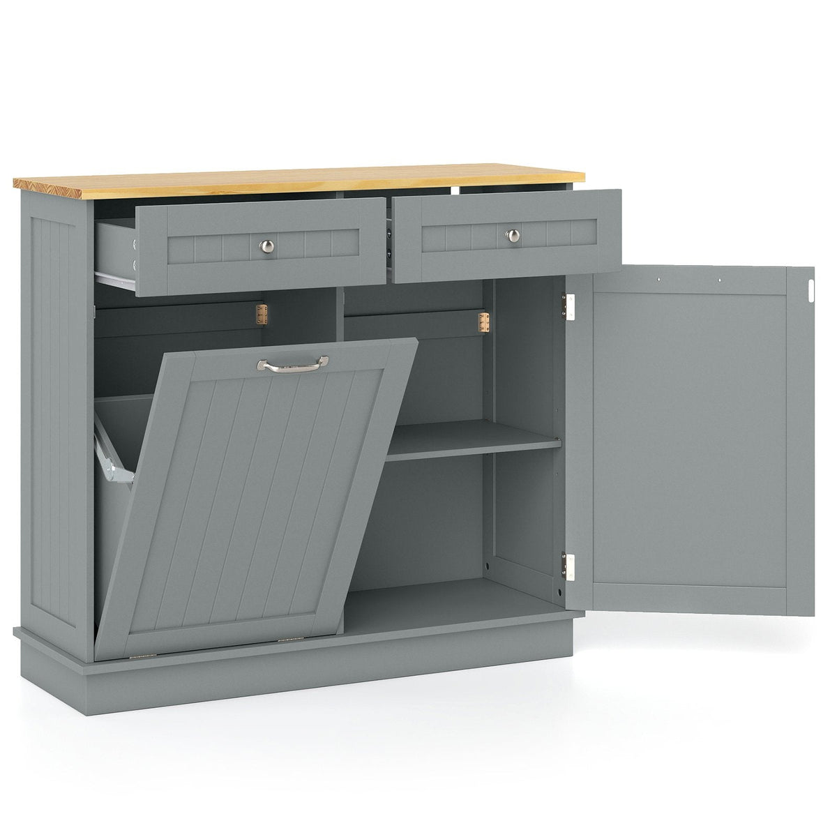 Meuble de cuisine à poubelle en bois d'hévéa avec porte-poubelle unique et étagère réglable - Gris
