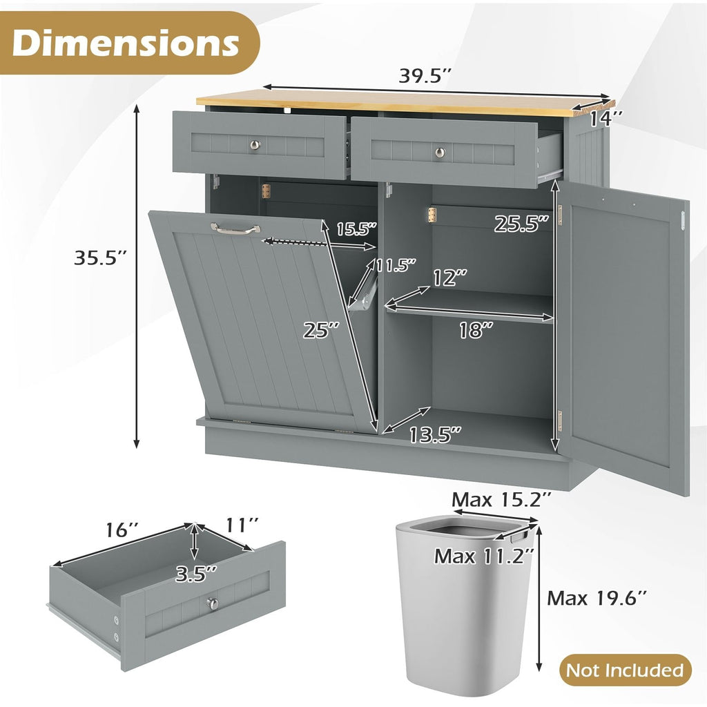 Meuble de cuisine à poubelle en bois d'hévéa avec porte-poubelle unique et étagère réglable - Gris
