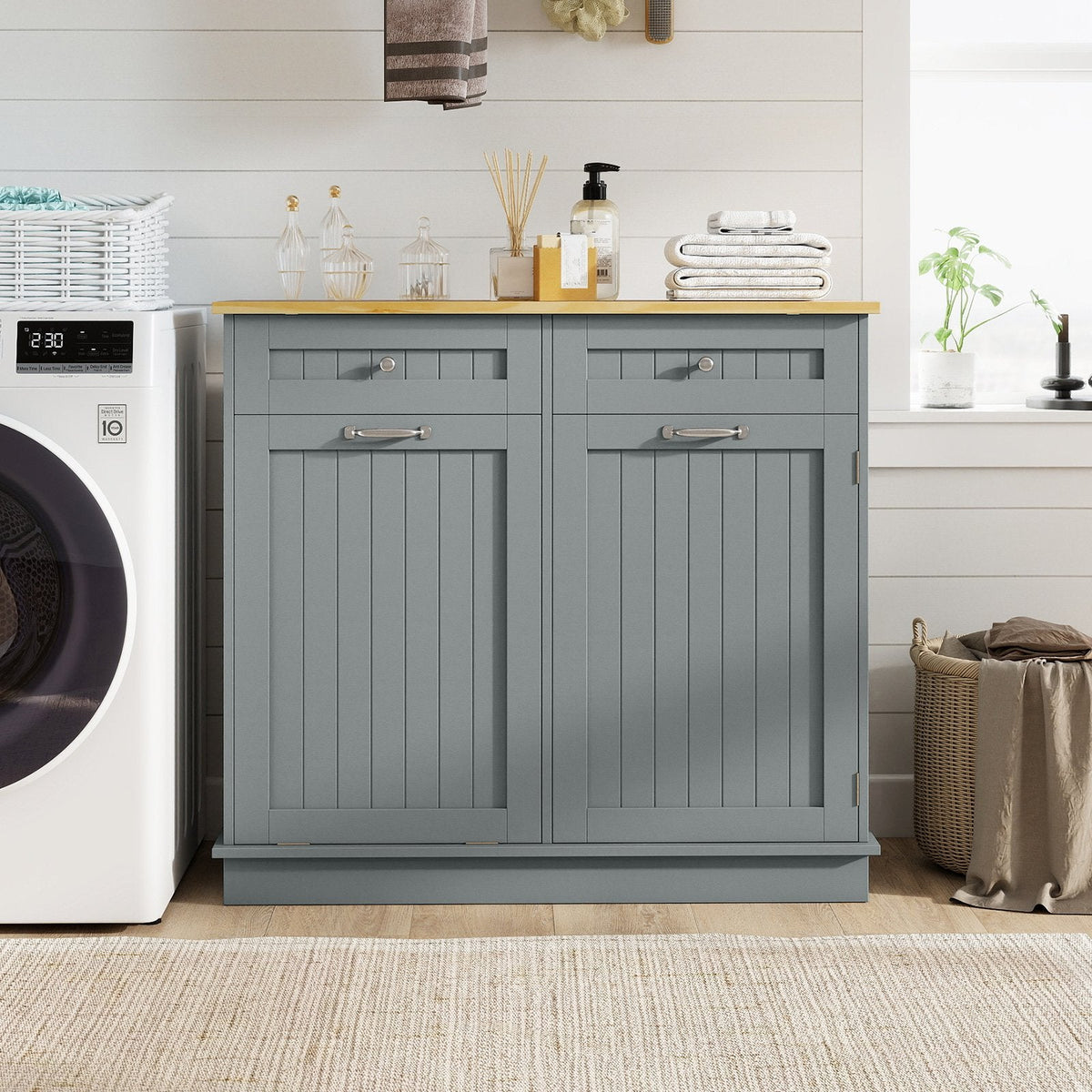 Meuble de cuisine à poubelle en bois d'hévéa avec porte-poubelle unique et étagère réglable - Gris