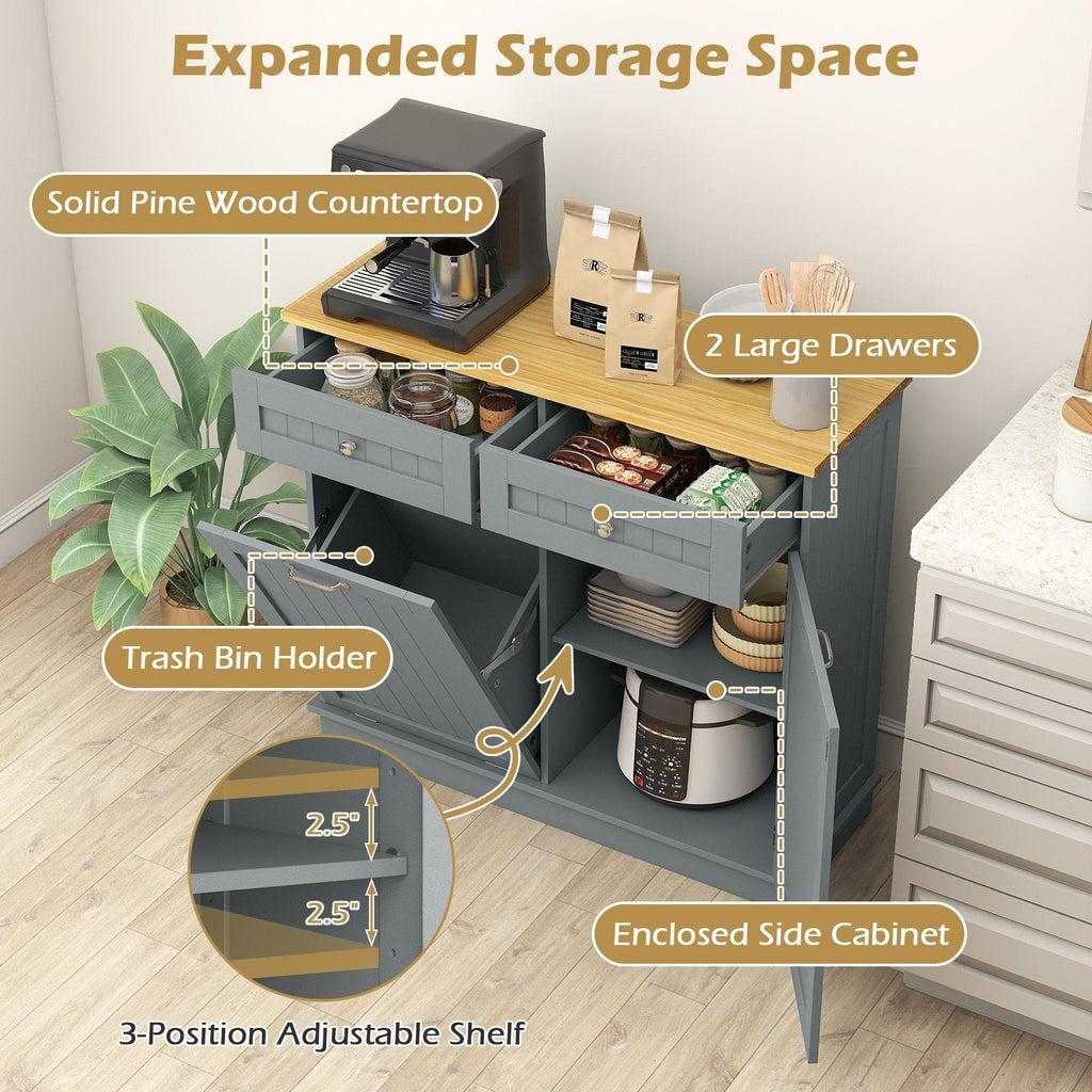 Meuble de cuisine à poubelle en bois d'hévéa avec porte-poubelle unique et étagère réglable - Gris