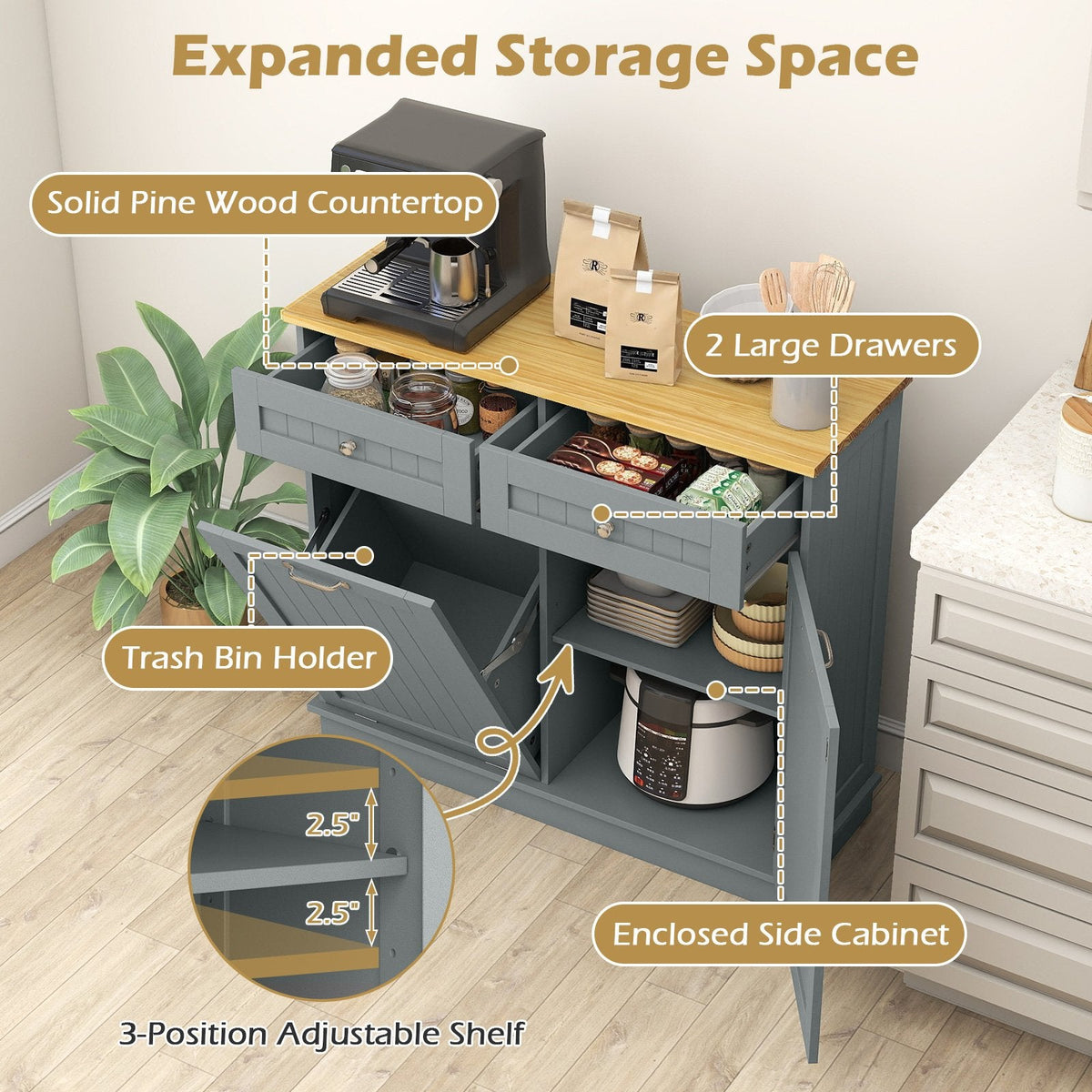 Meuble de cuisine à poubelle en bois d'hévéa avec porte-poubelle unique et étagère réglable - Gris