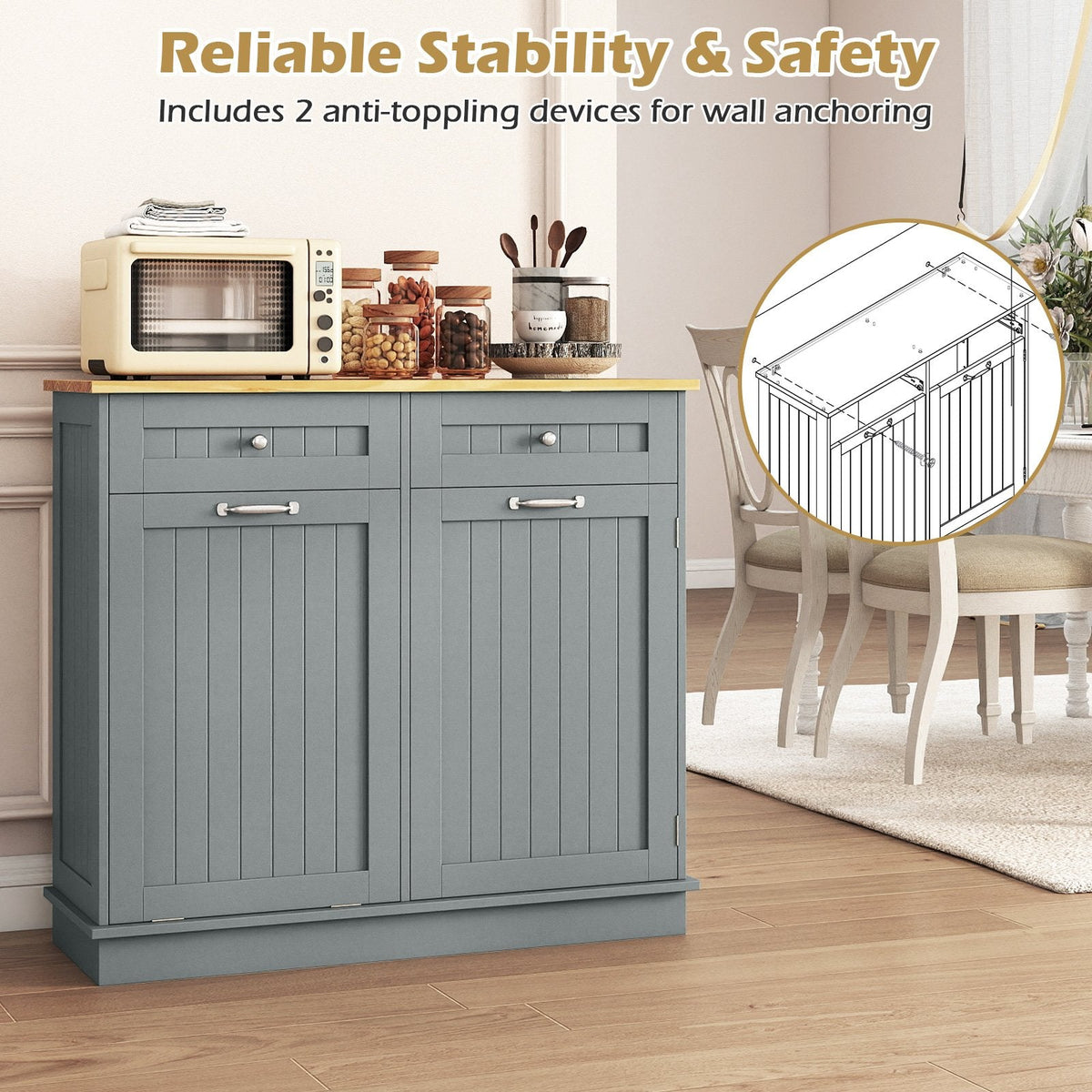 Meuble de cuisine à poubelle en bois d'hévéa avec porte-poubelle unique et étagère réglable - Gris