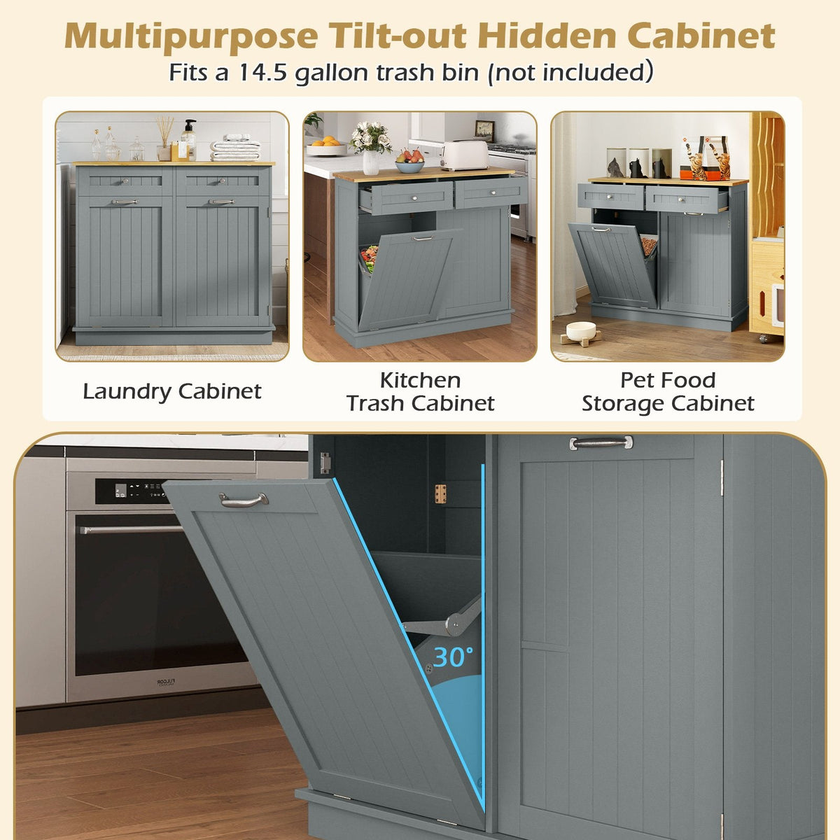 Meuble de cuisine à poubelle en bois d'hévéa avec porte-poubelle unique et étagère réglable - Gris