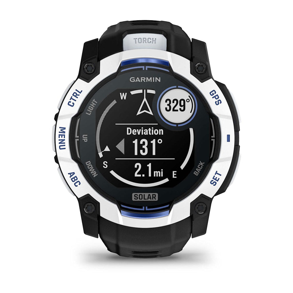 Instinct® 3 – 50 mm, Solar Whitestone con correa en Black/Bolt Blue