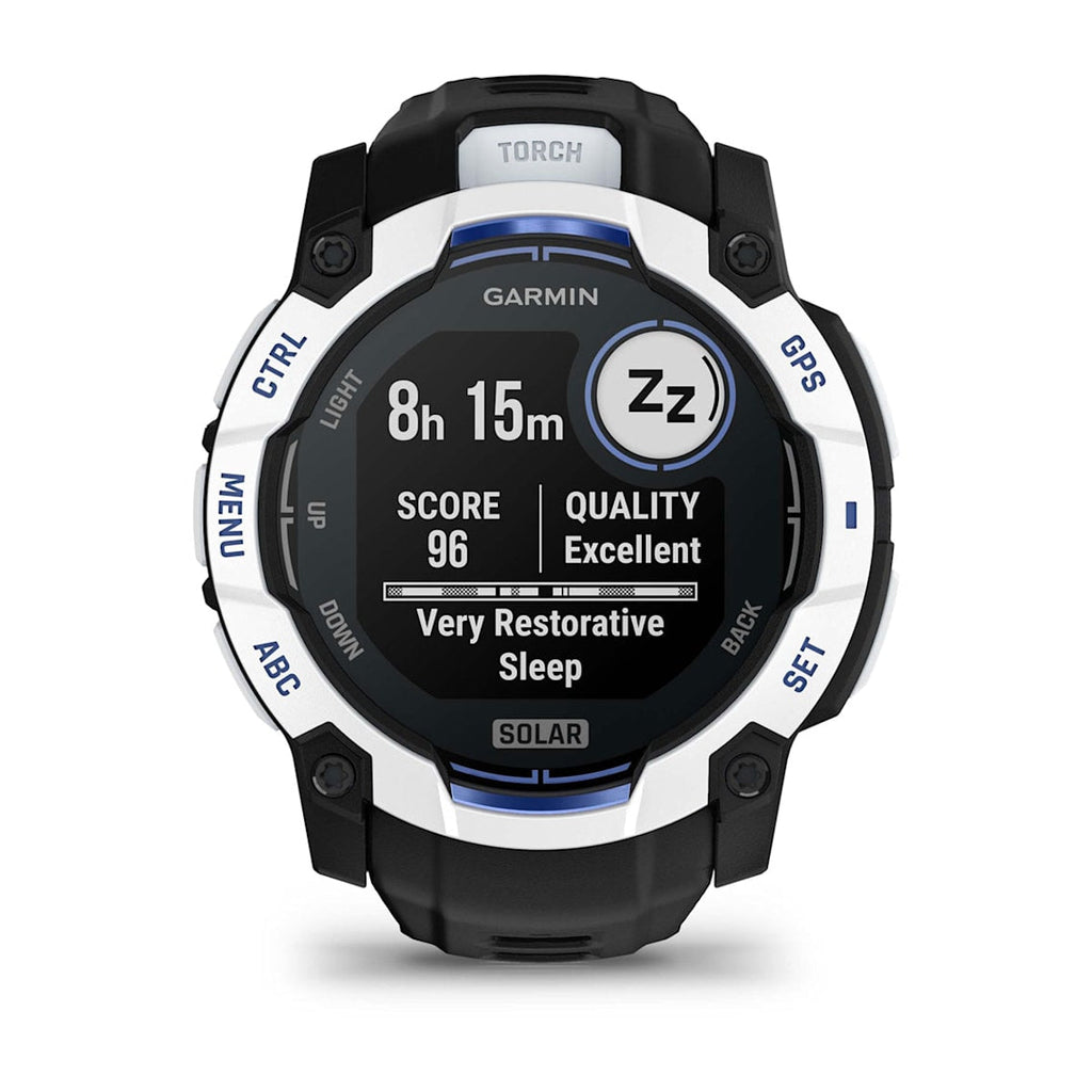 Instinct® 3 – 50 mm, Solar Whitestone con correa en Black/Bolt Blue