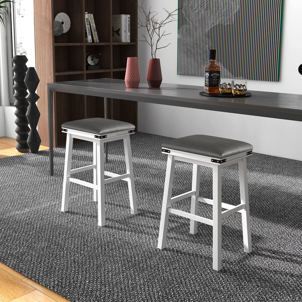 Juego de 2 taburetes de bar sin respaldo con estructuras de madera blanca y asientos grises, asiento de 30 pulgadas