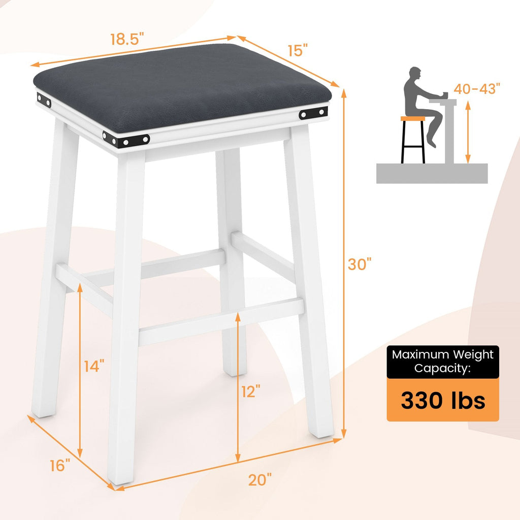Juego de 2 taburetes de bar sin respaldo con estructuras de madera blanca y asientos grises, asiento de 30 pulgadas