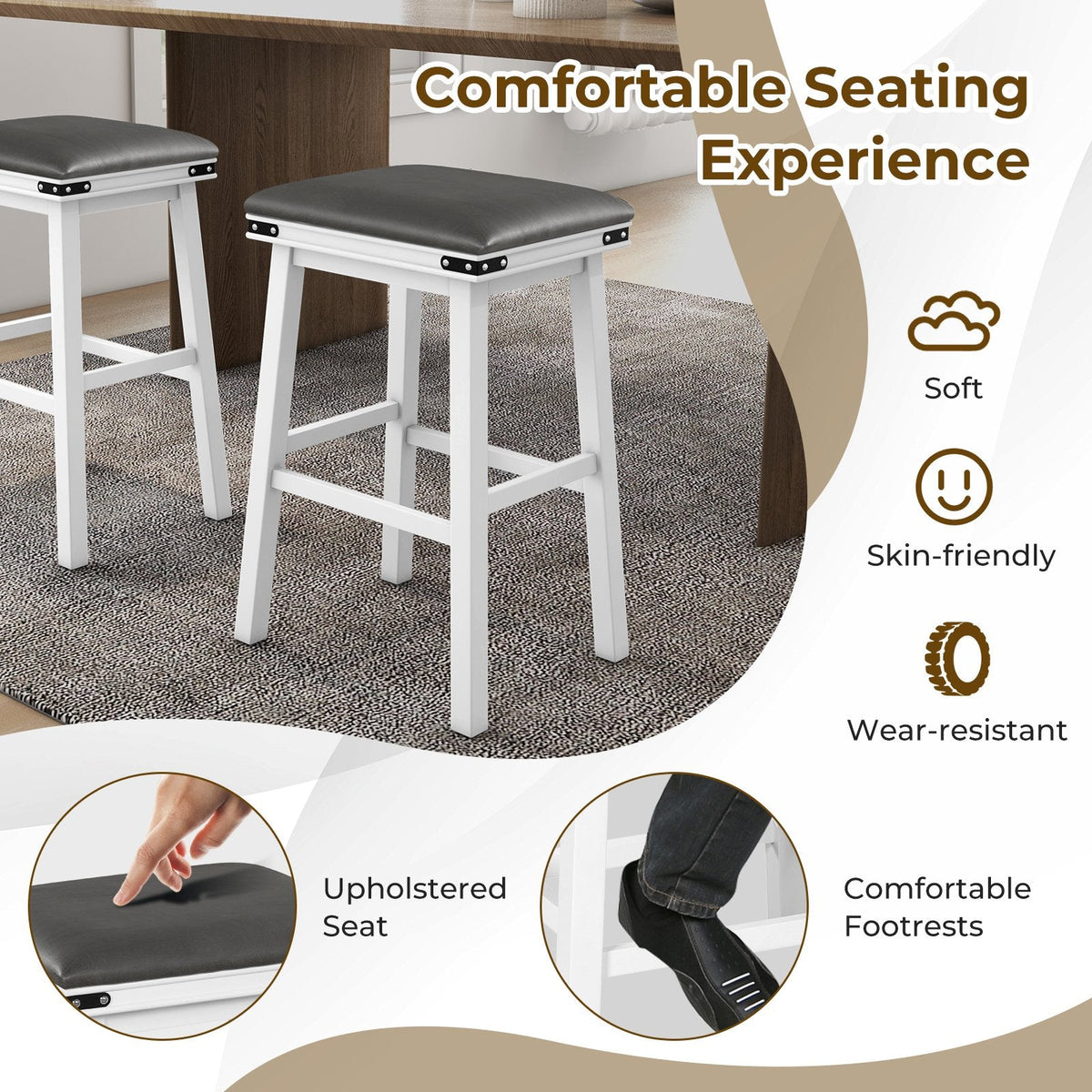 Juego de 2 taburetes de bar sin respaldo con estructuras de madera blanca y asientos grises, asiento de 30 pulgadas