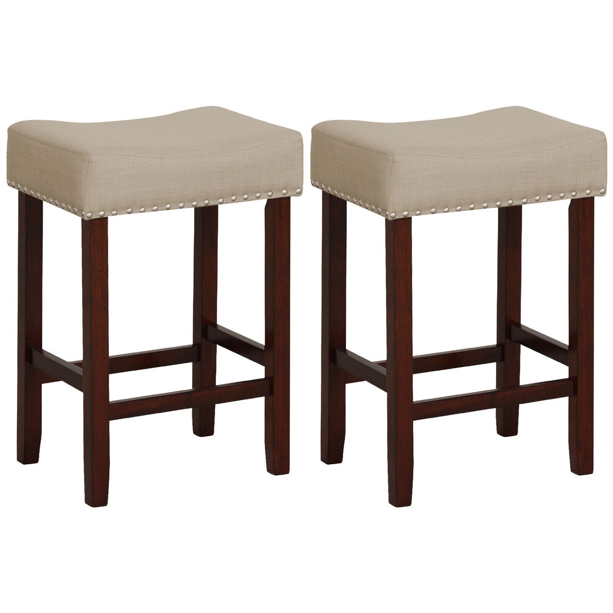 Juego de 2 taburetes de bar tipo silla de montar sin respaldo con ribete de tachuelas en color beige, altura del asiento de 25 pulgadas
