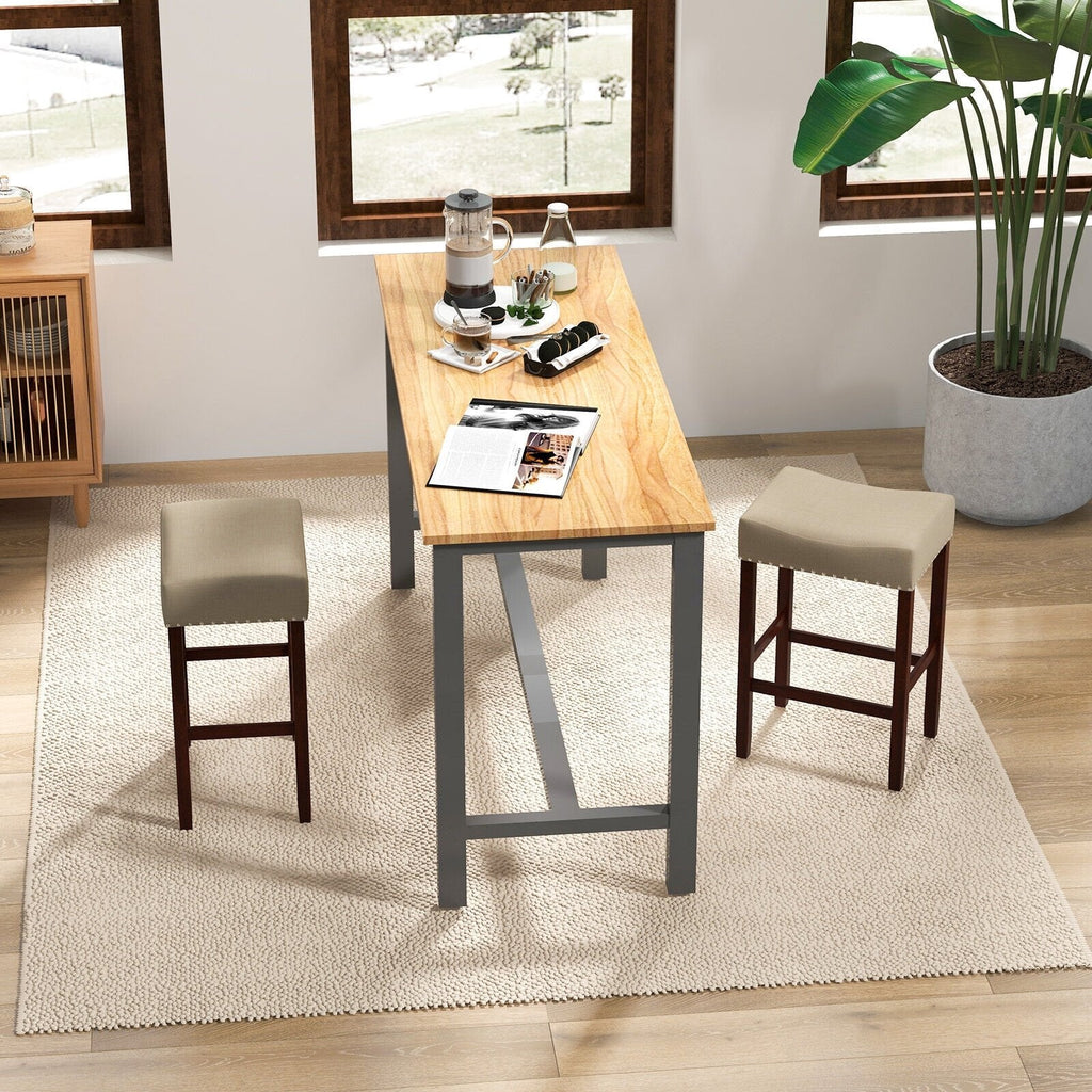 Juego de 2 taburetes de bar tipo silla de montar sin respaldo con ribete de tachuelas en color beige, altura del asiento de 25 pulgadas