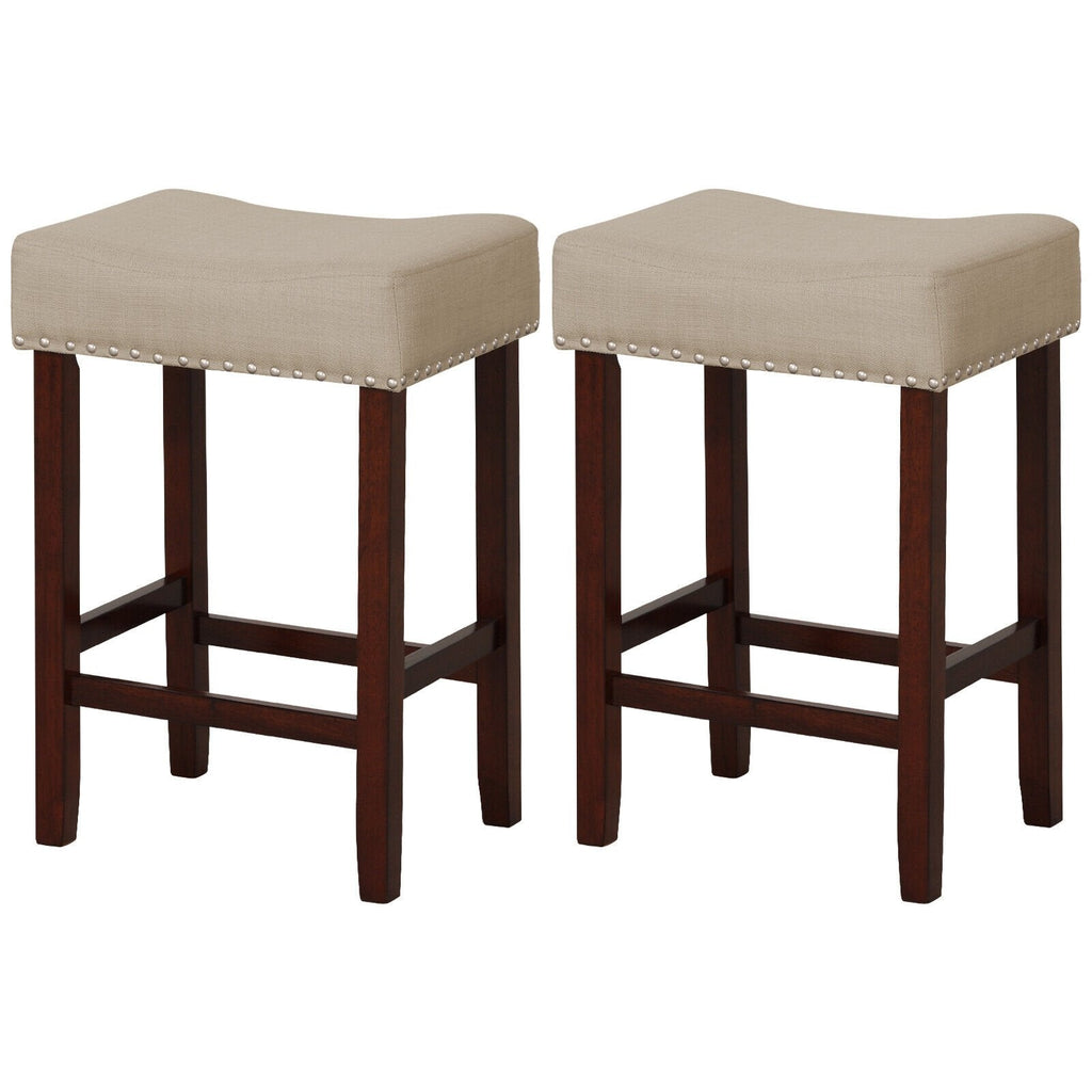 Juego de 2 taburetes de bar tipo silla de montar sin respaldo con ribete de tachuelas en color beige, altura del asiento de 25 pulgadas