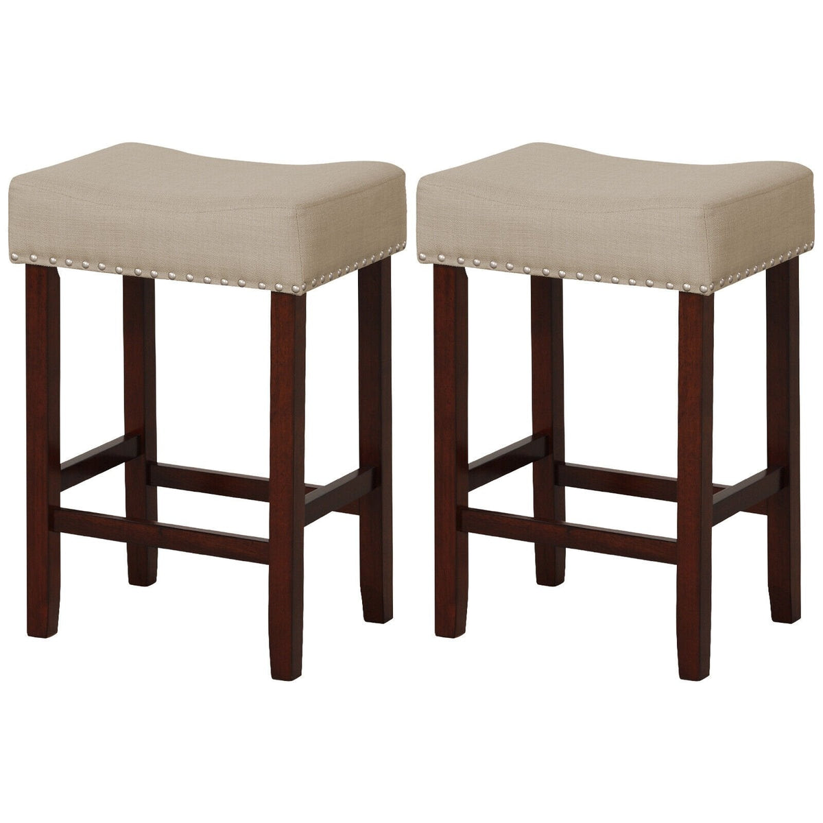 Juego de 2 taburetes de bar tipo silla de montar sin respaldo con ribete de tachuelas en color beige, altura del asiento de 25 pulgadas
