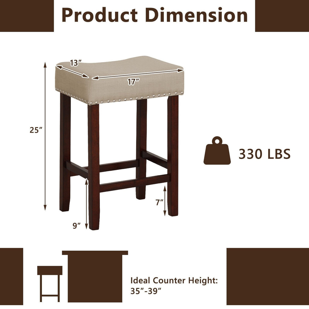 Juego de 2 taburetes de bar tipo silla de montar sin respaldo con ribete de tachuelas en color beige, altura del asiento de 25 pulgadas
