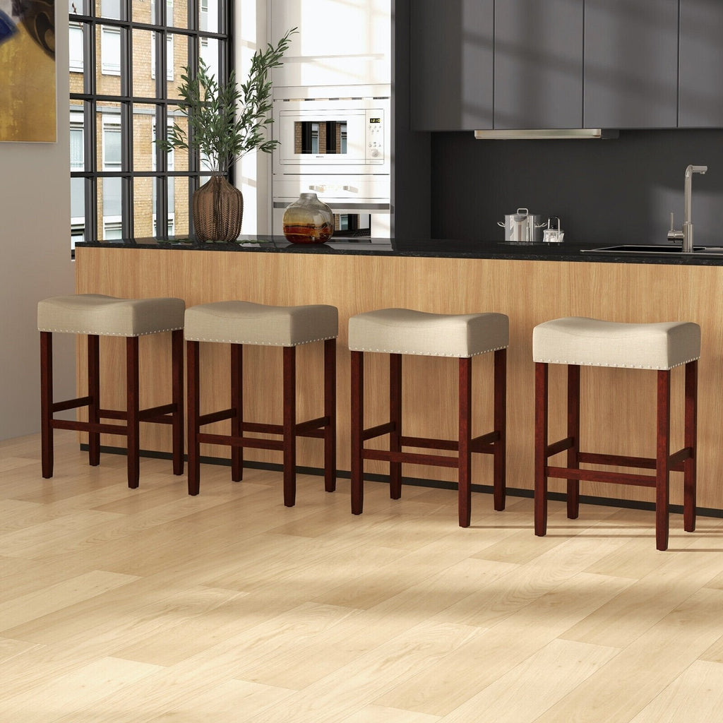Juego de 2 taburetes de bar tipo silla de montar sin respaldo con ribete de tachuelas en color beige, altura del asiento de 25 pulgadas
