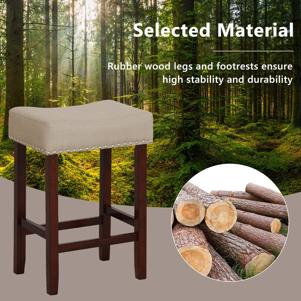 Juego de 2 taburetes de bar tipo silla de montar sin respaldo con ribete de tachuelas en color beige, altura del asiento de 25 pulgadas