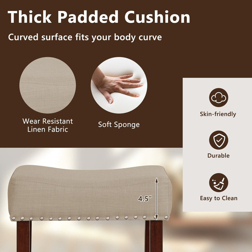 Juego de 2 taburetes de bar tipo silla de montar sin respaldo con ribete de tachuelas en color beige, altura del asiento de 25 pulgadas