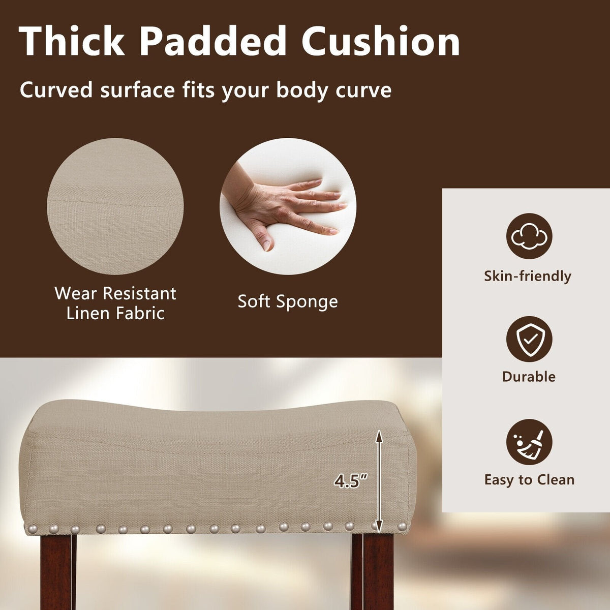 Juego de 2 taburetes de bar tipo silla de montar sin respaldo con ribete de tachuelas en color beige, altura del asiento de 25 pulgadas