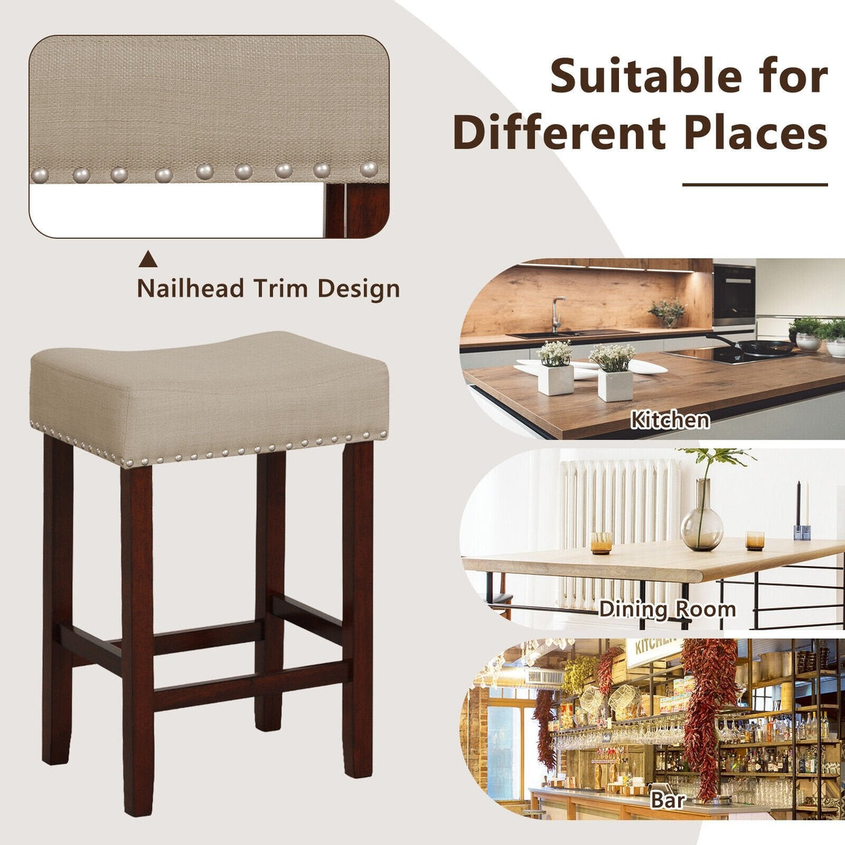 Juego de 2 taburetes de bar tipo silla de montar sin respaldo con ribete de tachuelas en color beige, altura del asiento de 25 pulgadas