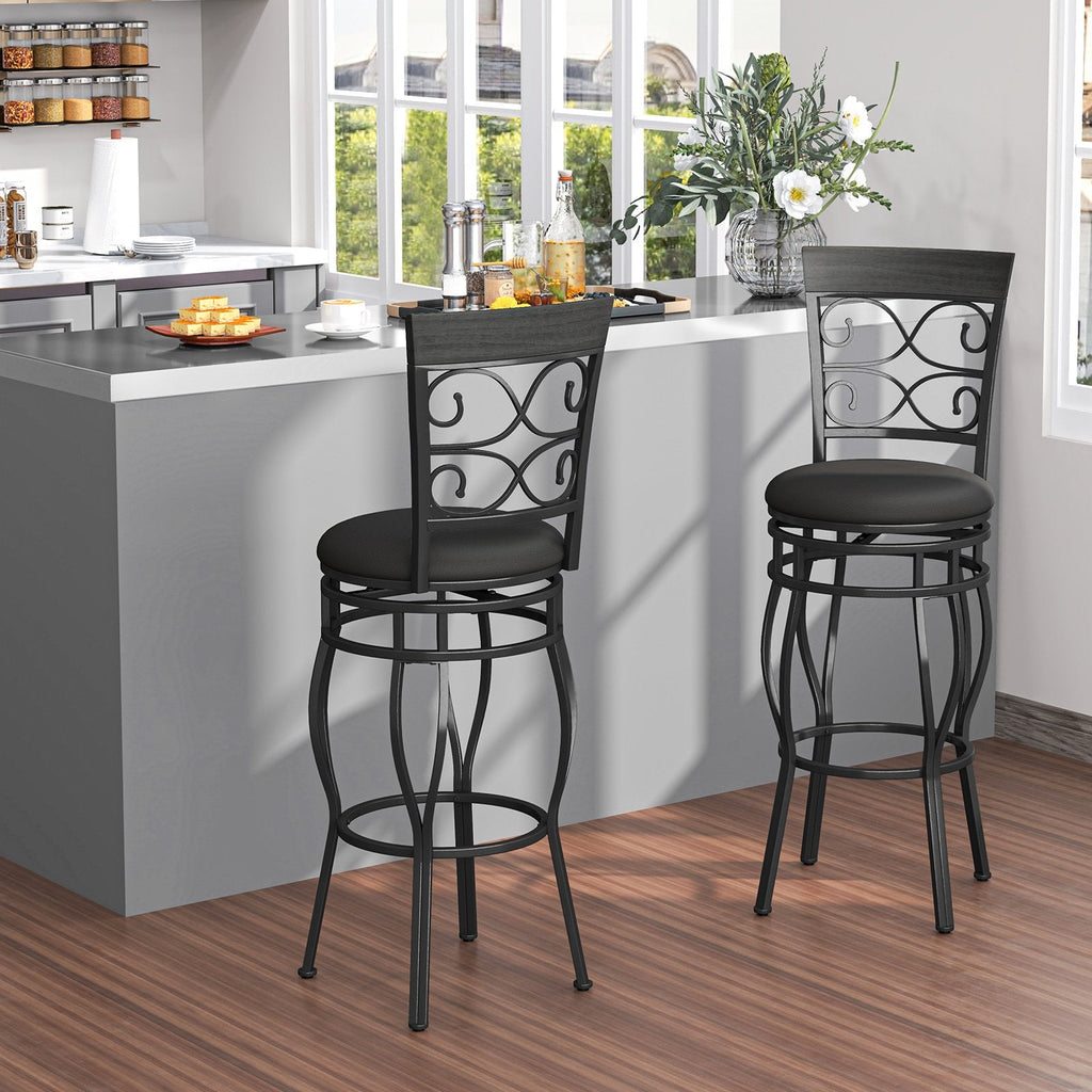 Set of 2 Scrollwork Swivel Bar Stools in Black Metal, 30 Inch Seat Height
