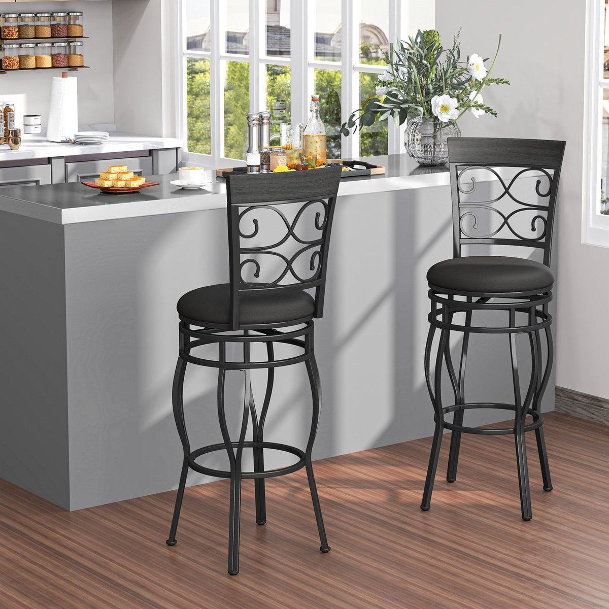 Set of 2 Scrollwork Swivel Bar Stools in Black Metal, 30 Inch Seat Height