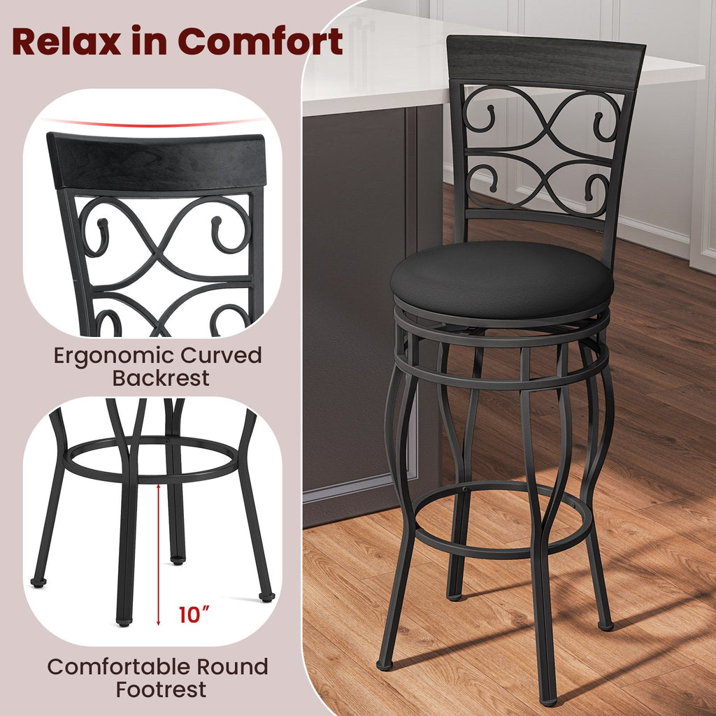 Set of 2 Scrollwork Swivel Bar Stools in Black Metal, 30 Inch Seat Height