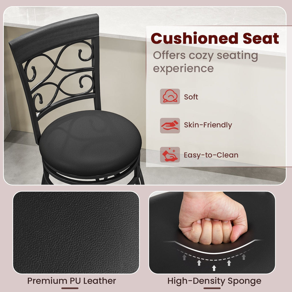 Set of 2 Scrollwork Swivel Bar Stools in Black Metal, 30 Inch Seat Height
