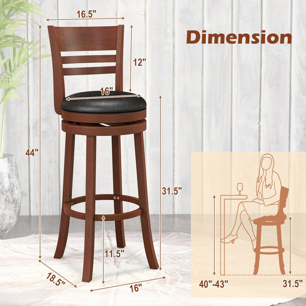 Lot de 2 tabourets de bar pivotants à dossier échelle en noyer, hauteur d’assise de 31,5 pouces
