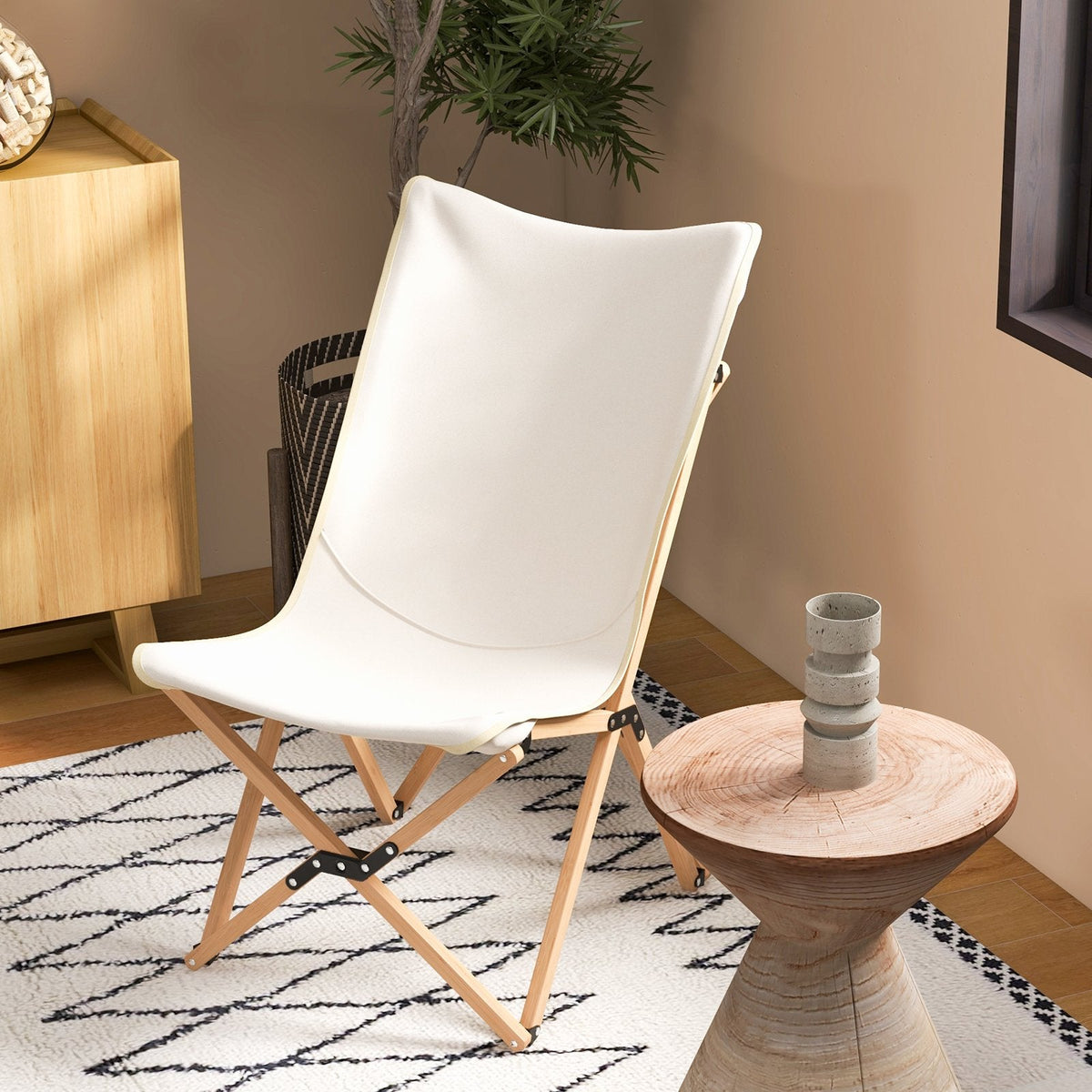 2er-Set Bambus-Campingstühle mit Aufbewahrungsfach für Camping und Angeln – Beige