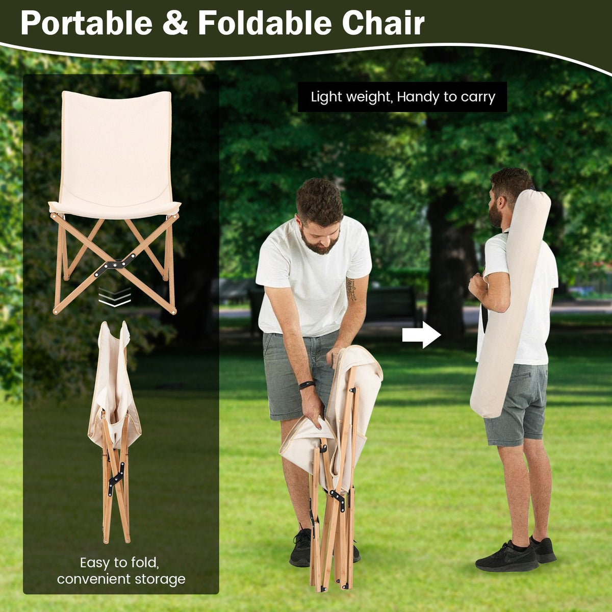 2er-Set Bambus-Campingstühle mit Aufbewahrungsfach für Camping und Angeln – Beige