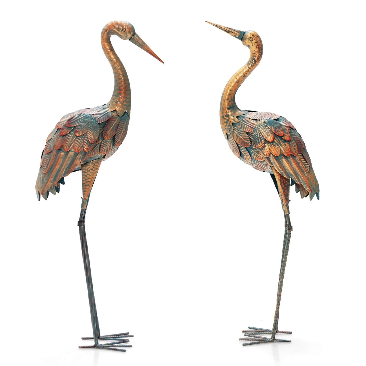 Juego de 2 estatuas de grullas para jardín, esculturas de aves de metal de pie