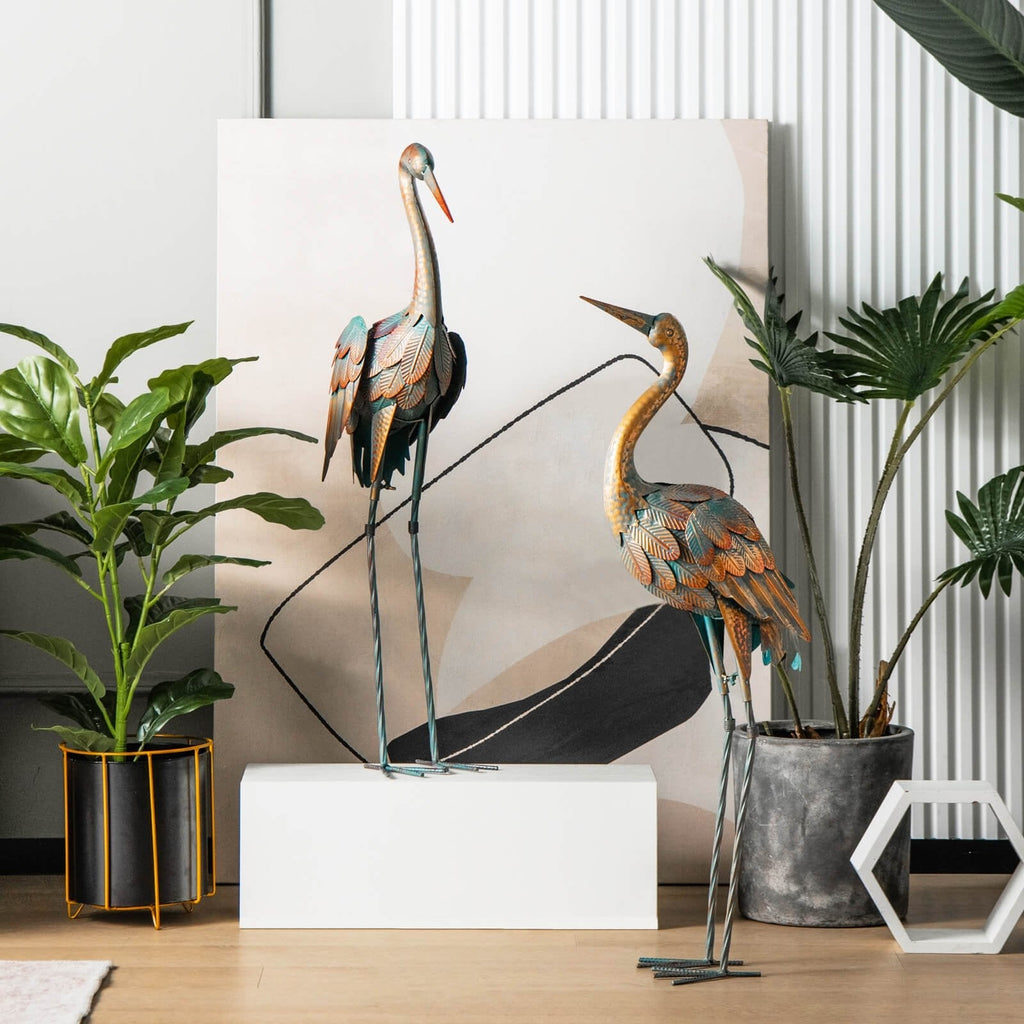Juego de 2 estatuas de grullas para jardín, esculturas de aves de metal de pie
