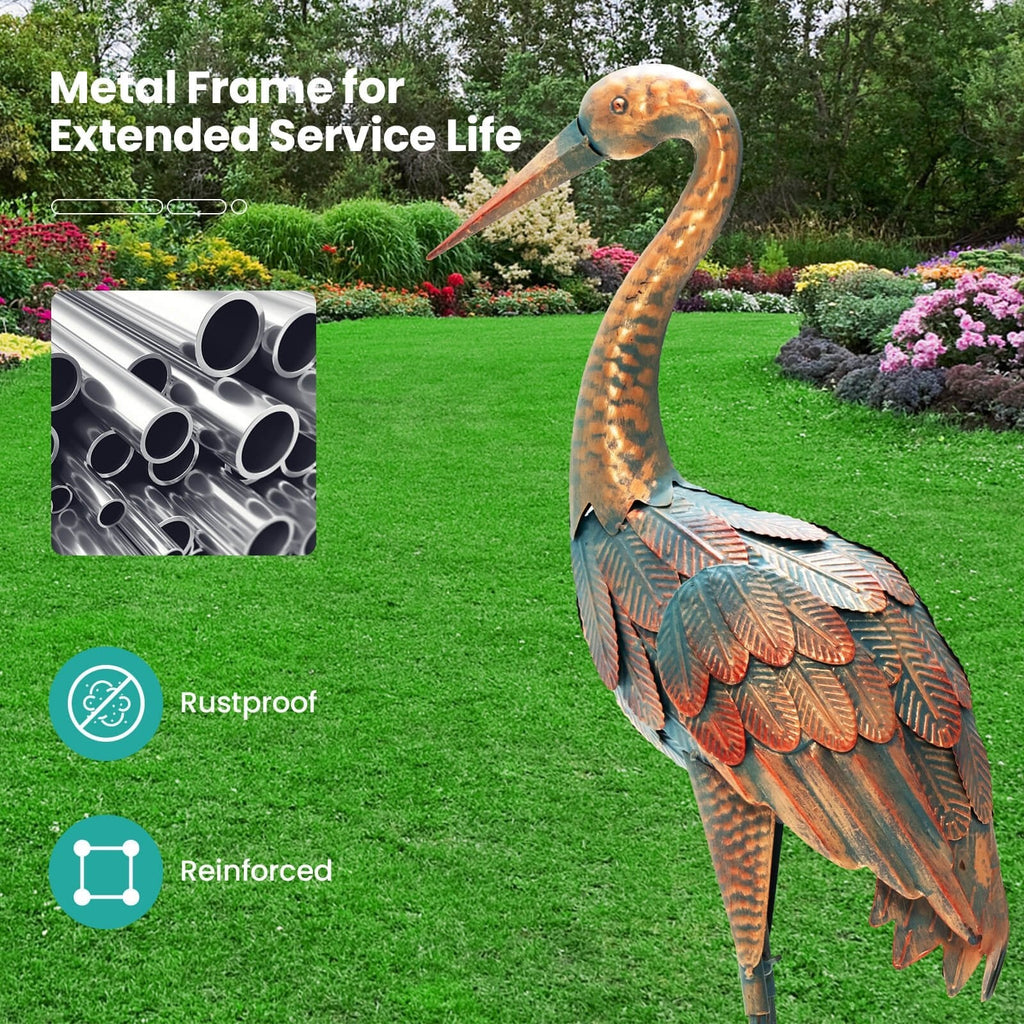 Juego de 2 estatuas de grullas para jardín, esculturas de aves de metal de pie