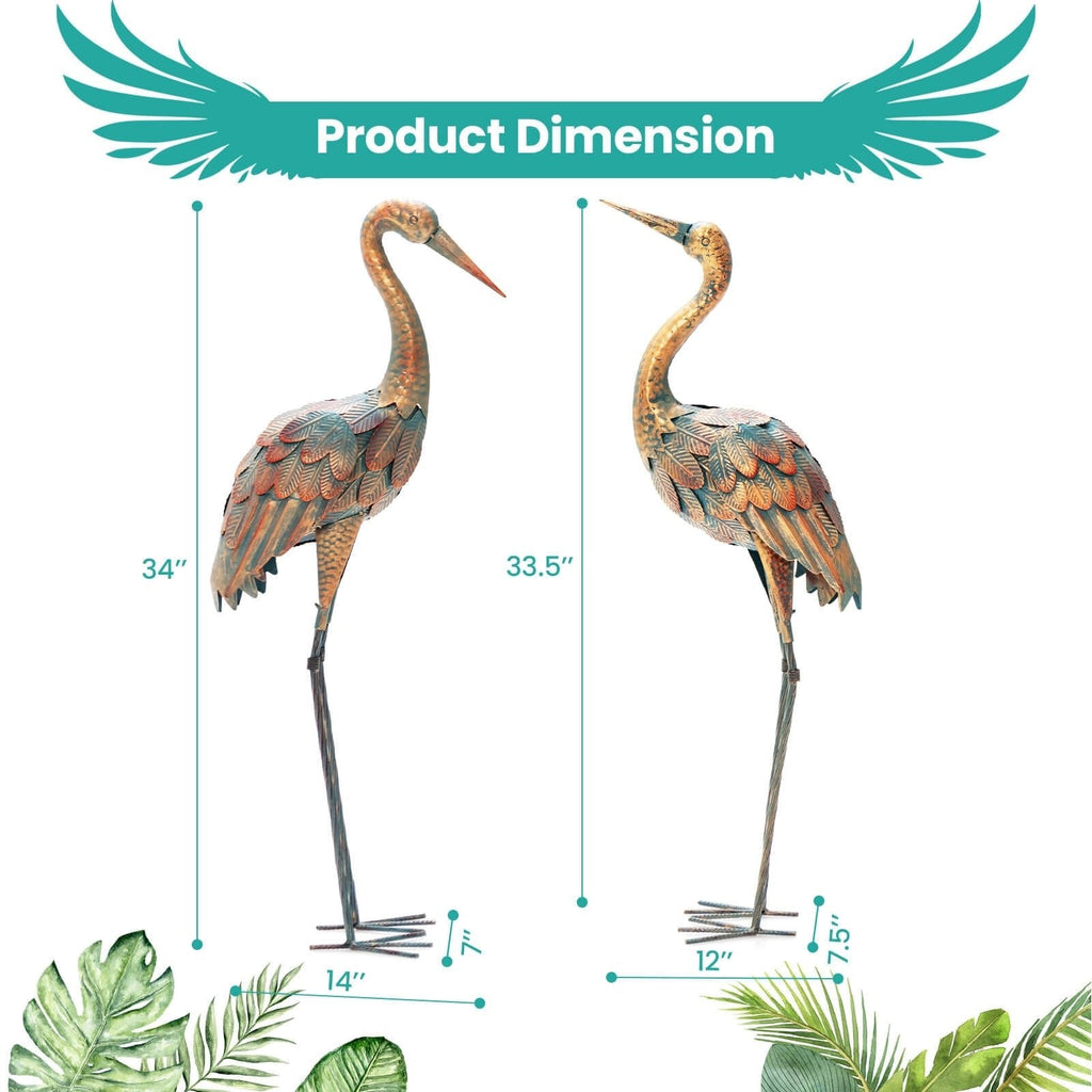 Juego de 2 estatuas de grullas para jardín, esculturas de aves de metal de pie