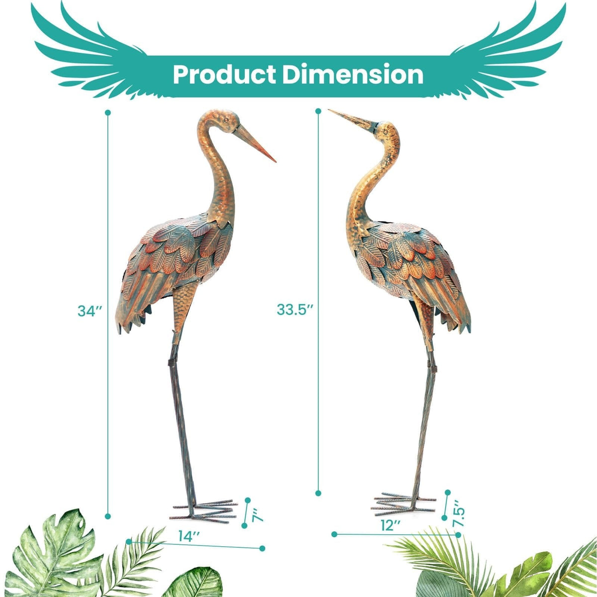 Juego de 2 estatuas de grullas para jardín, esculturas de aves de metal de pie