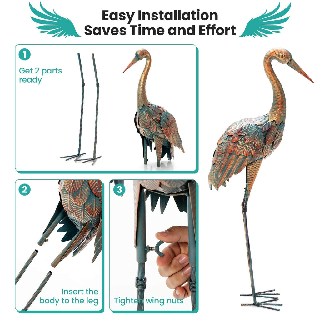 Juego de 2 estatuas de grullas para jardín, esculturas de aves de metal de pie