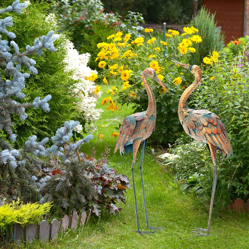 Juego de 2 estatuas de grullas para jardín, esculturas de aves de metal de pie
