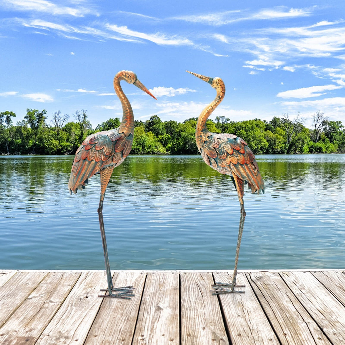 Juego de 2 estatuas de grullas para jardín, esculturas de aves de metal de pie