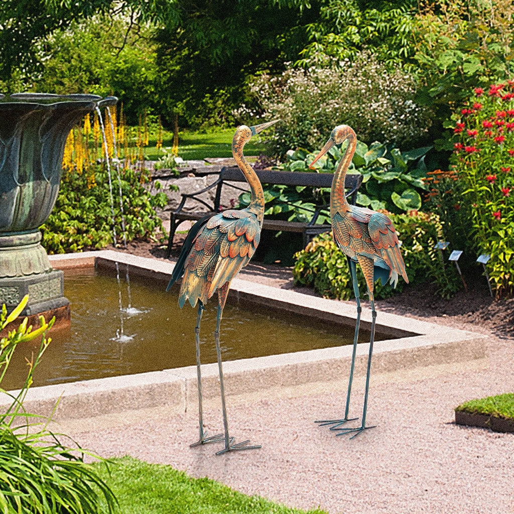 Juego de 2 estatuas de grullas para jardín, esculturas de aves de metal de pie