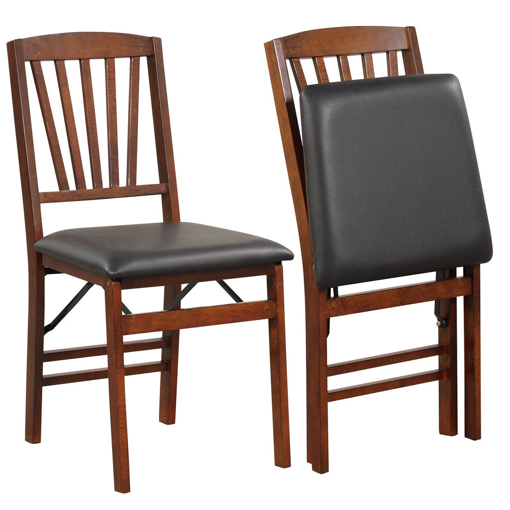 Lot de 2 chaises de salle à manger pliantes en bois d'hévéa finition noyer, dossier à lattes en éventail et assise en similicuir PVC noir