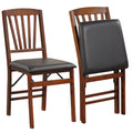 Lot de 2 chaises de salle à manger pliantes en bois d'hévéa finition noyer, dossier à lattes en éventail et assise en similicuir PVC noir