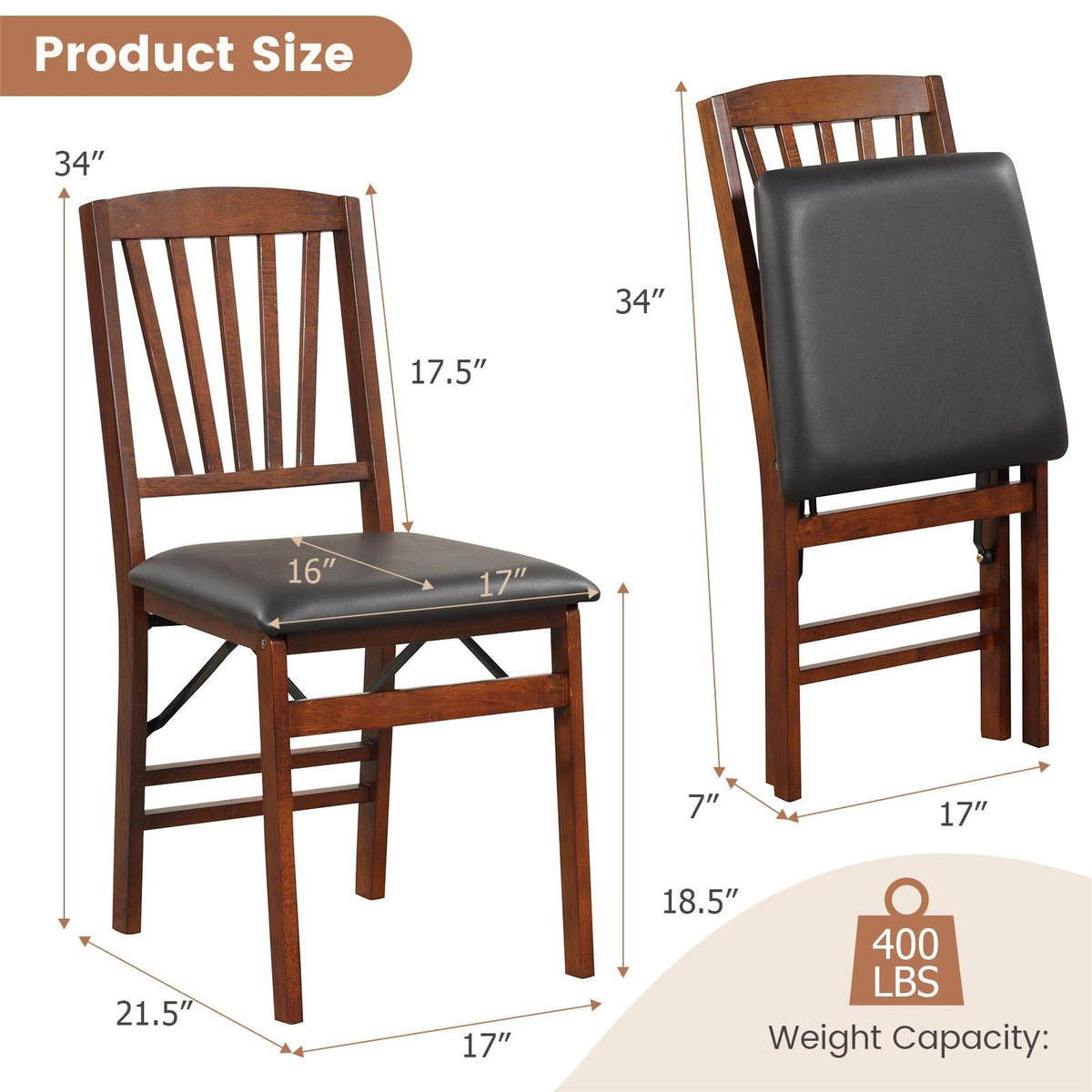 Lot de 2 chaises de salle à manger pliantes en bois d'hévéa finition noyer, dossier à lattes en éventail et assise en similicuir PVC noir
