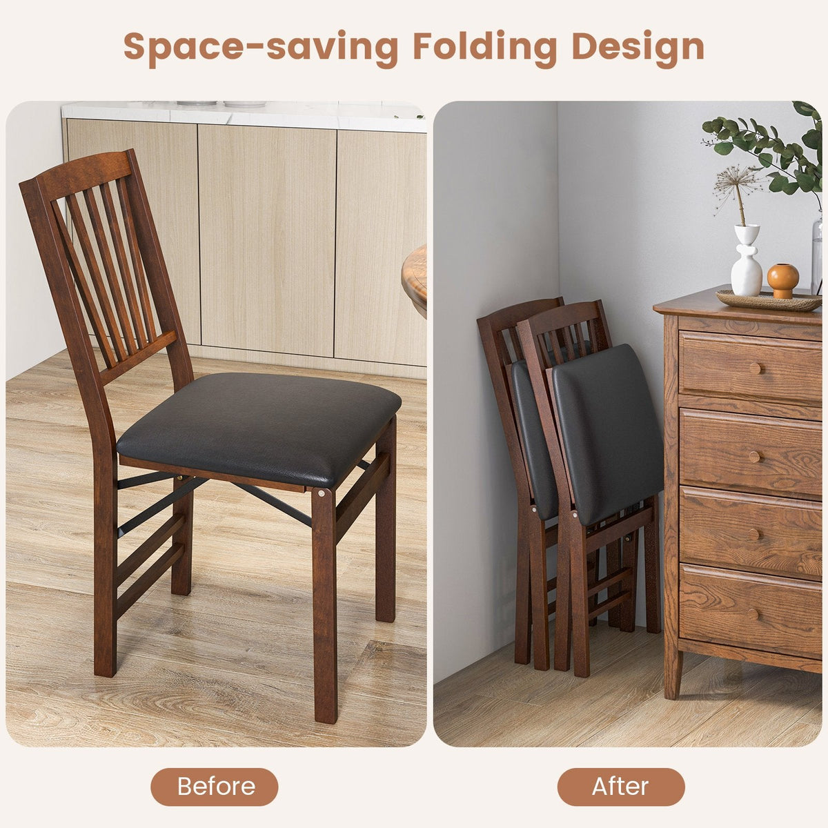 Lot de 2 chaises de salle à manger pliantes en bois d'hévéa finition noyer, dossier à lattes en éventail et assise en similicuir PVC noir
