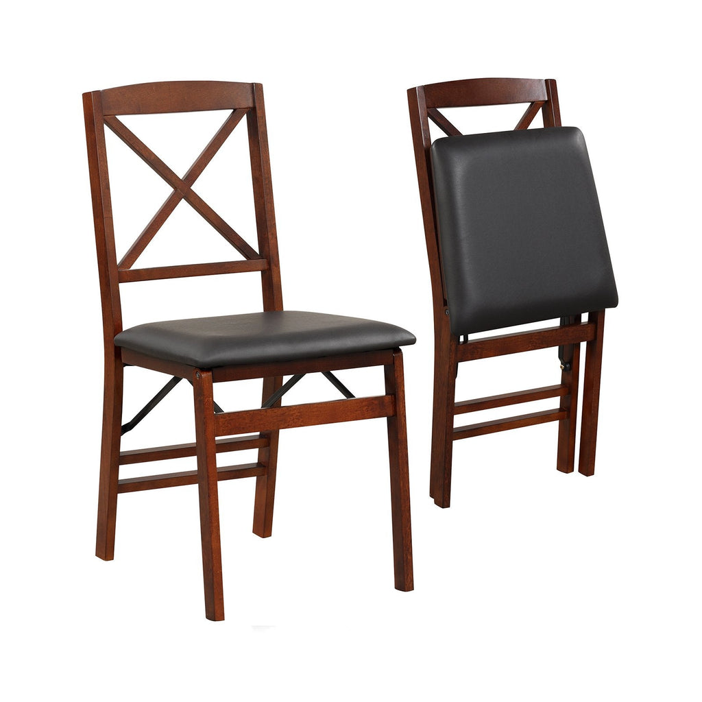 Lot de 2 chaises de salle à manger pliantes à dossier en X, bois d'hévéa couleur expresso avec assise en similicuir noir, 400 lb