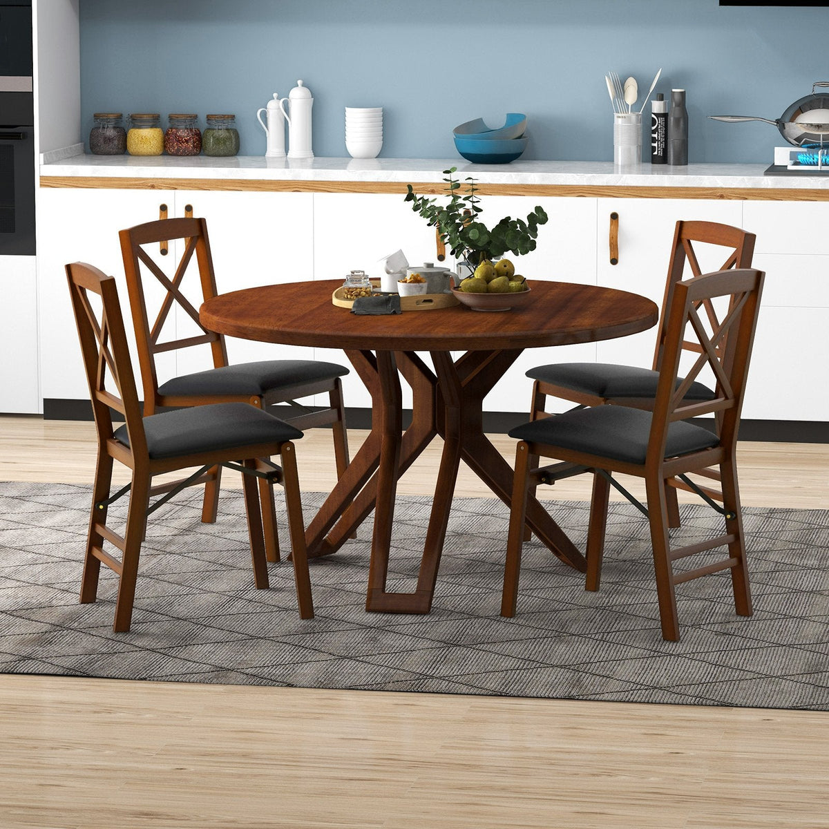 Lot de 2 chaises de salle à manger pliantes à dossier en X, bois d'hévéa couleur expresso avec assise en similicuir noir, 400 lb