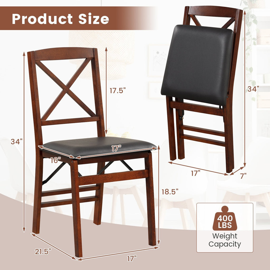 Lot de 2 chaises de salle à manger pliantes à dossier en X, bois d'hévéa couleur expresso avec assise en similicuir noir, 400 lb