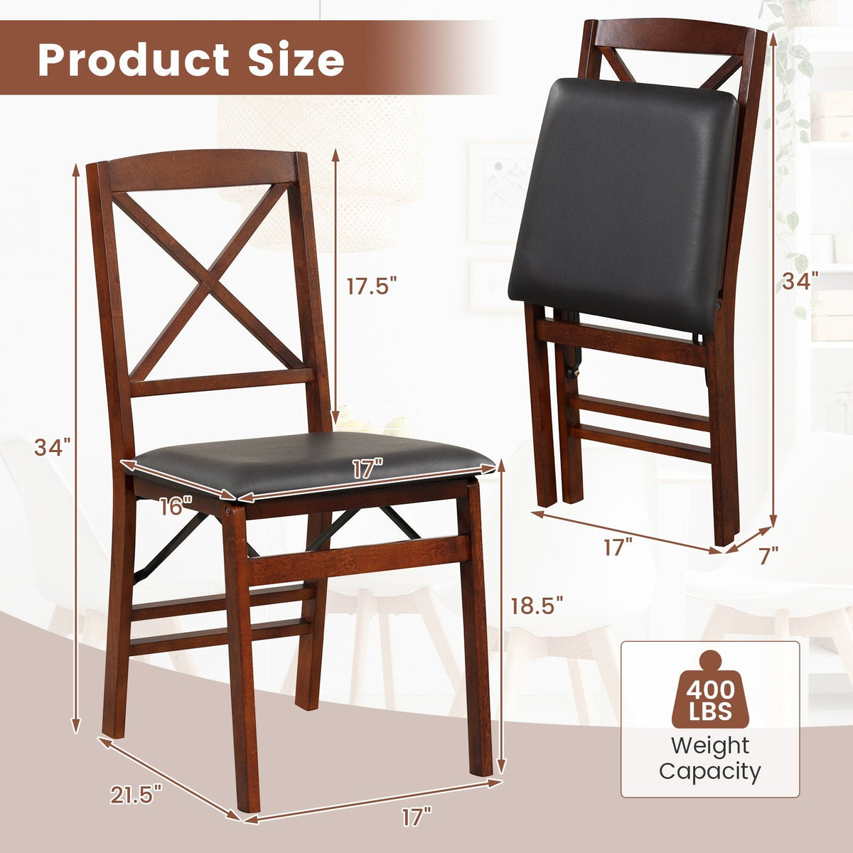 Lot de 2 chaises de salle à manger pliantes à dossier en X, bois d'hévéa couleur expresso avec assise en similicuir noir, 400 lb