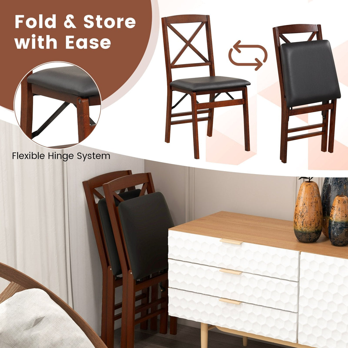 Lot de 2 chaises de salle à manger pliantes à dossier en X, bois d'hévéa couleur expresso avec assise en similicuir noir, 400 lb